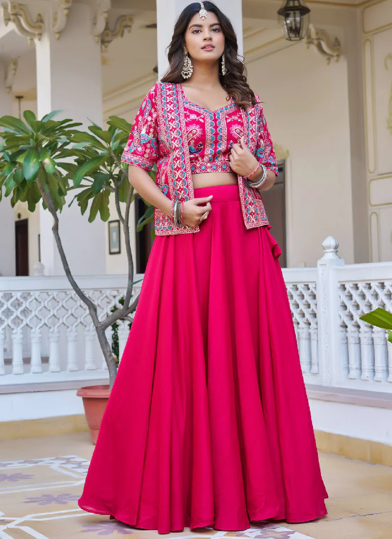 Embroidered Work Vichitra Silk Designer Pink Koti Style Lehenga Choli - Image 5