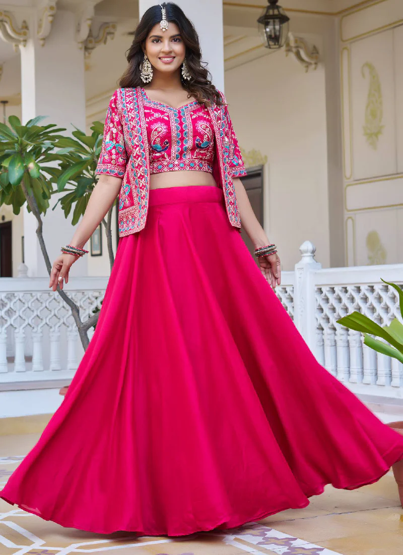 Embroidered Work Vichitra Silk Designer Pink Koti Style Lehenga Choli - Image 6
