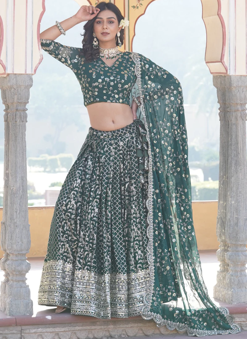 Embroidered Work Viscose Jacquard Designer Green Lehenga Choli - Image 3