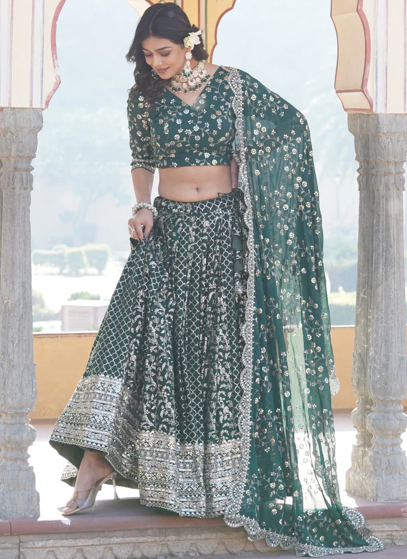 Embroidered Work Viscose Jacquard Designer Green Lehenga Choli - Image 6