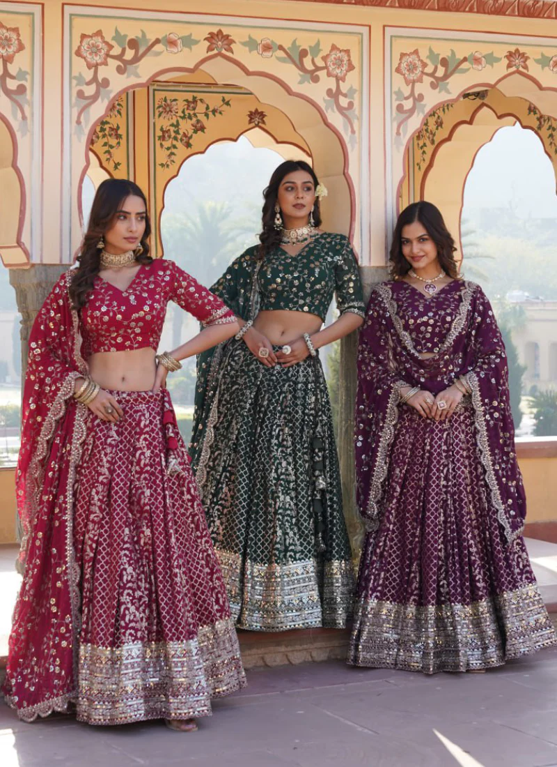 Embroidered Work Viscose Jacquard Designer Green Lehenga Choli - Image 7