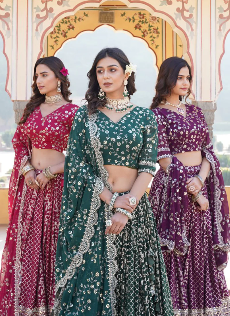 Embroidered Work Viscose Jacquard Designer Green Lehenga Choli - Image 8