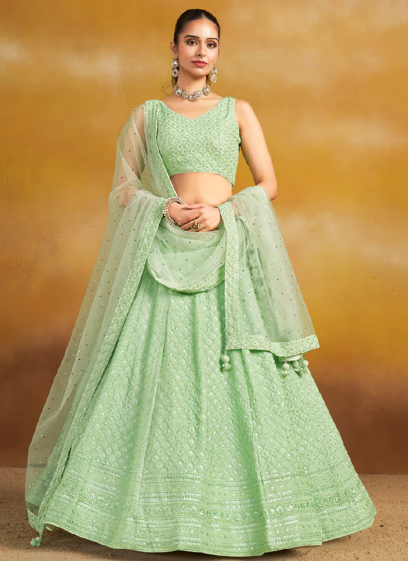 Embroidery Georgette Mint Green Wedding Wear Lehenga Choli For Women