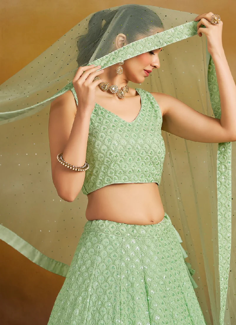 Embroidery Georgette Mint Green Wedding Wear Lehenga Choli For Women - Image 2