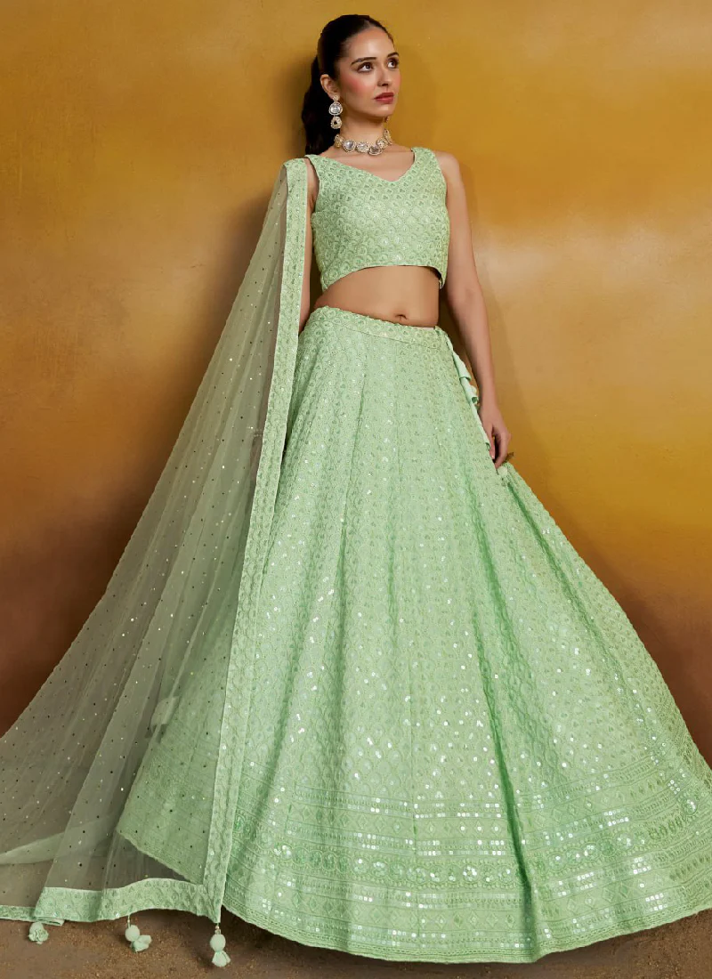 Embroidery Georgette Mint Green Wedding Wear Lehenga Choli For Women - Image 3