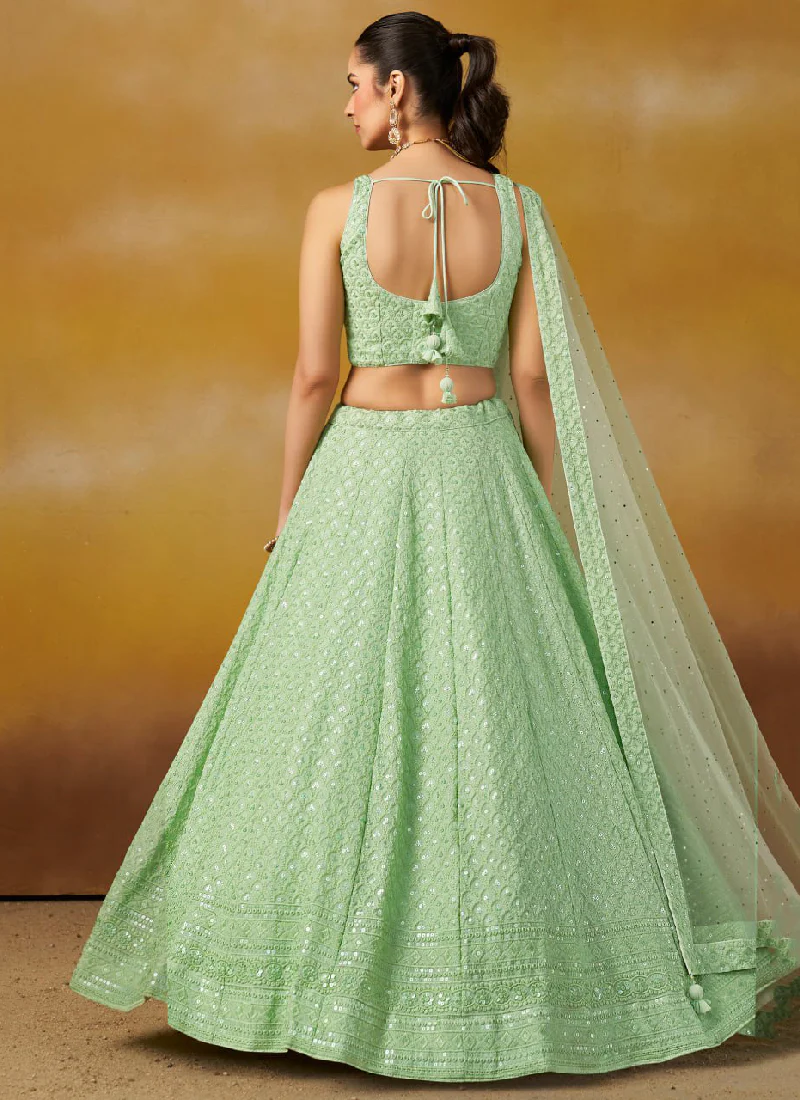 Embroidery Georgette Mint Green Wedding Wear Lehenga Choli For Women - Image 6