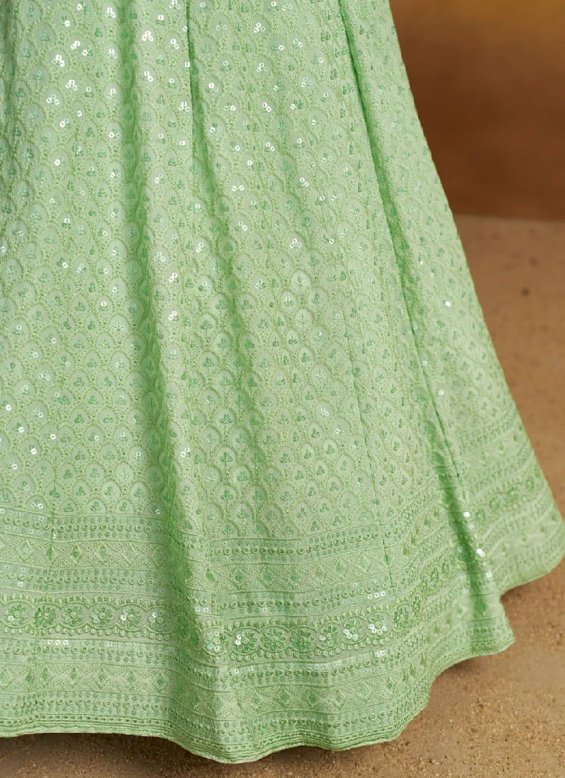Embroidery Georgette Mint Green Wedding Wear Lehenga Choli For Women - Image 8
