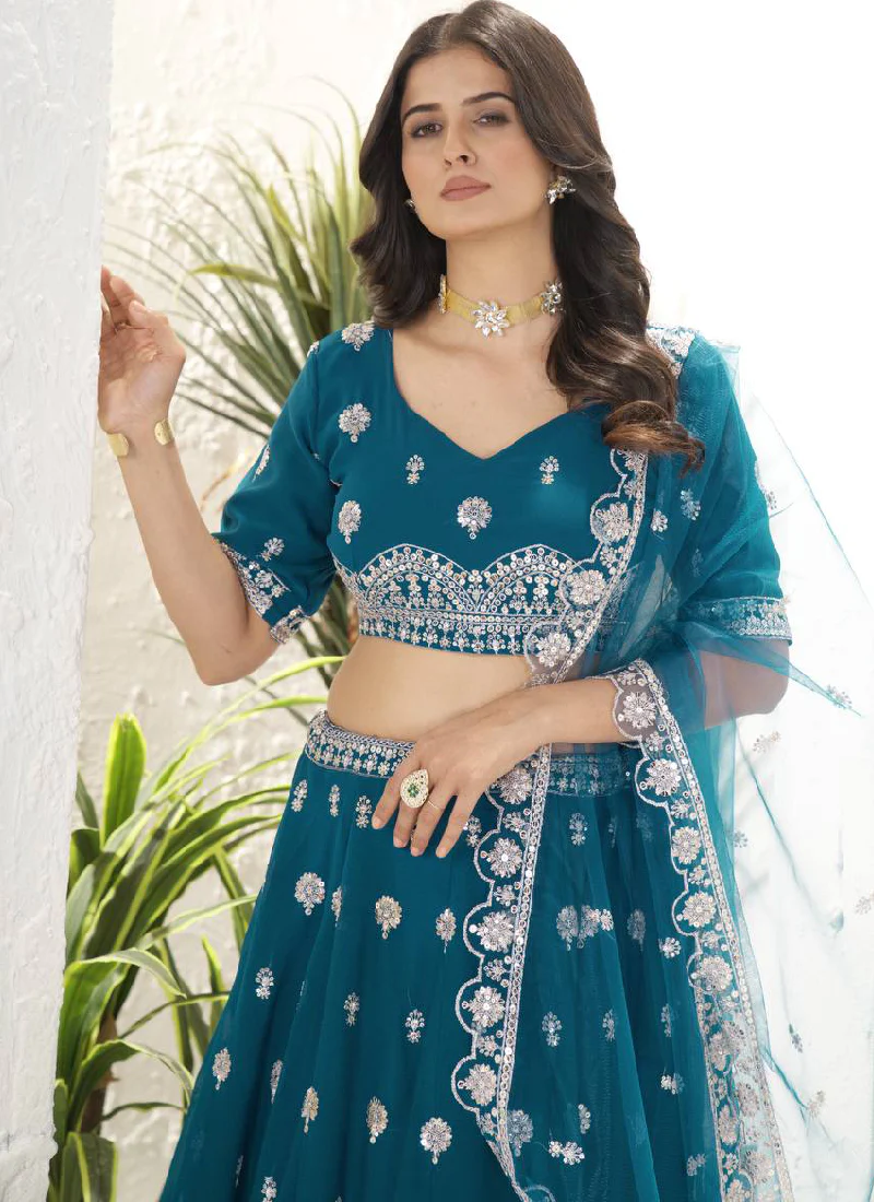 Enhanced Sequence Embroidered Teal Blue Georgette Lehenga Choli - Image 2