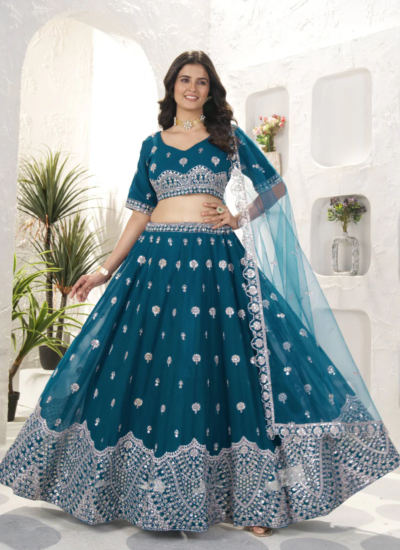 Enhanced Sequence Embroidered Teal Blue Georgette Lehenga Choli - Image 3