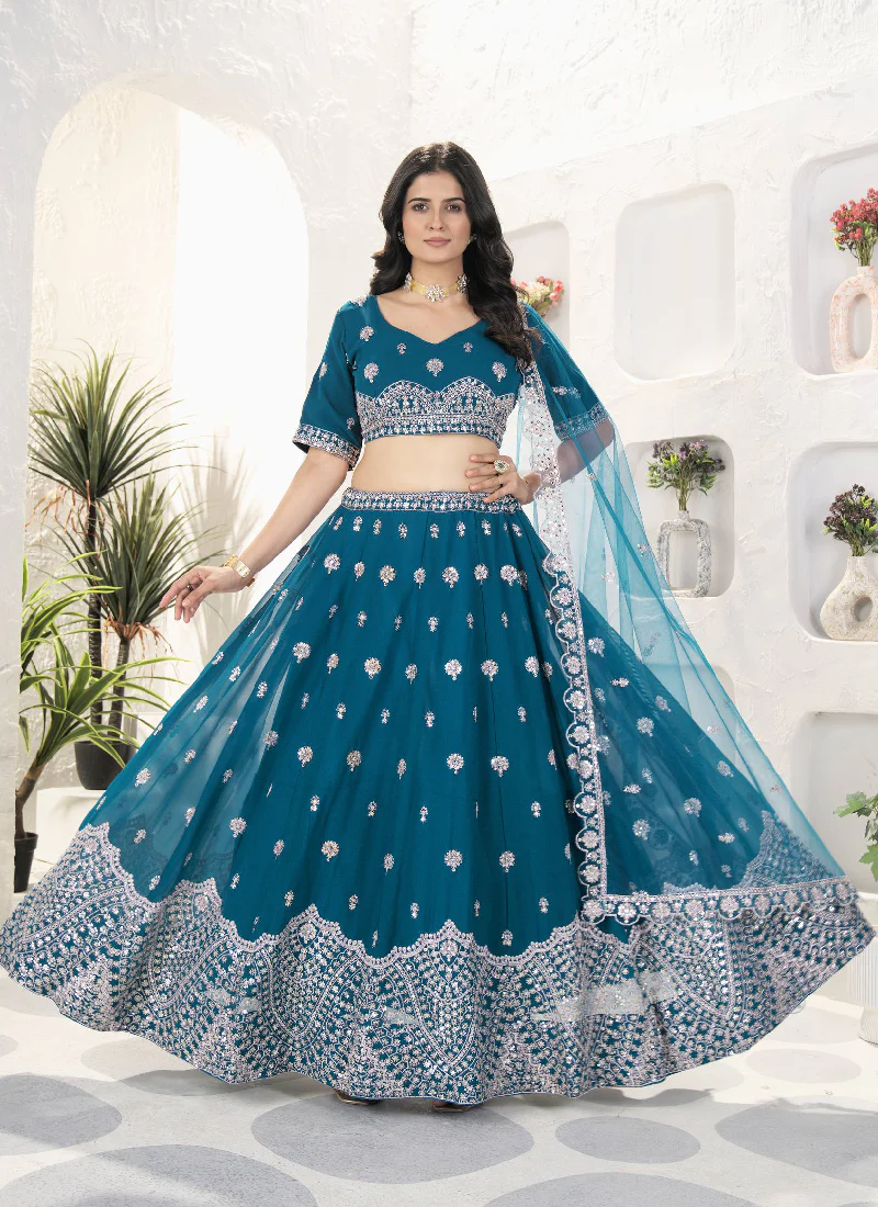 Enhanced Sequence Embroidered Teal Blue Georgette Lehenga Choli - Image 4