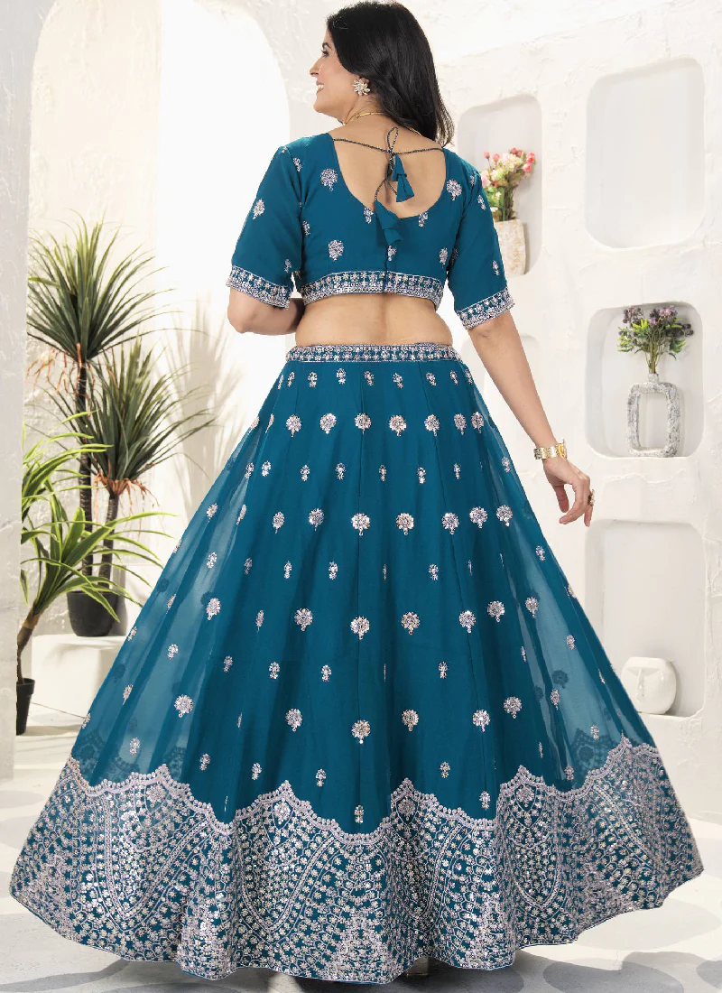 Enhanced Sequence Embroidered Teal Blue Georgette Lehenga Choli - Image 5