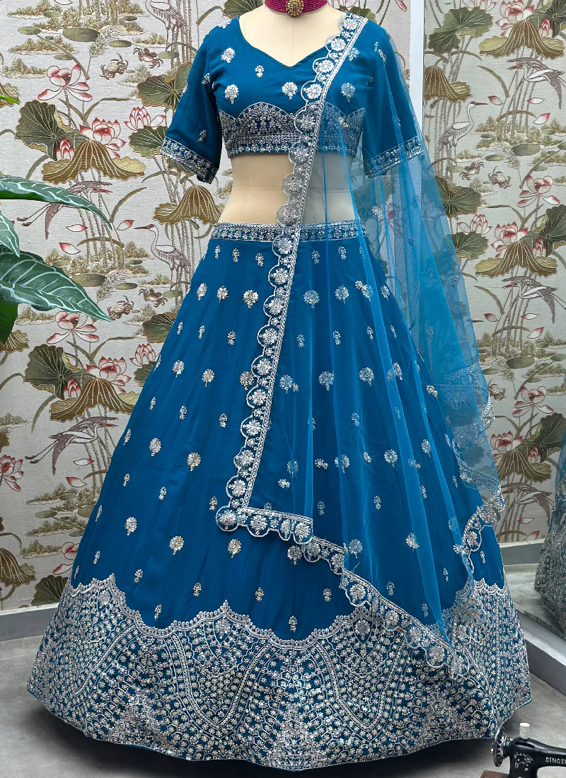 Enhanced Sequence Embroidered Teal Blue Georgette Lehenga Choli - Image 6