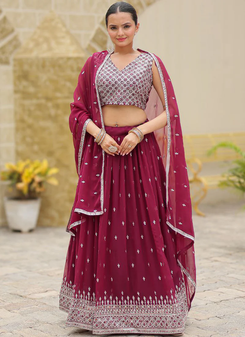 Exquisite Wine Sangeet Wear Embroidered Georgette Lehenga Choli - Image 2