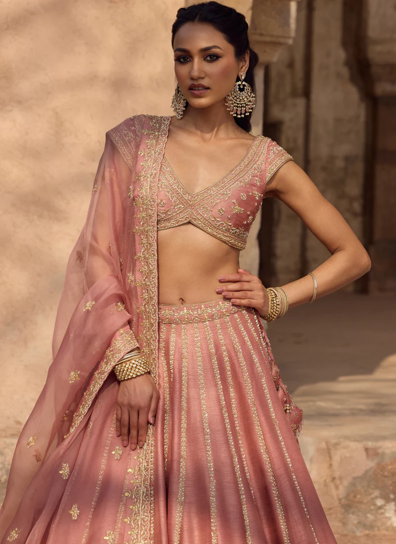 Fancy Silk Zari Embroidery Blush Pink Wedding Wear Heavy Lehenga Choli - Image 2