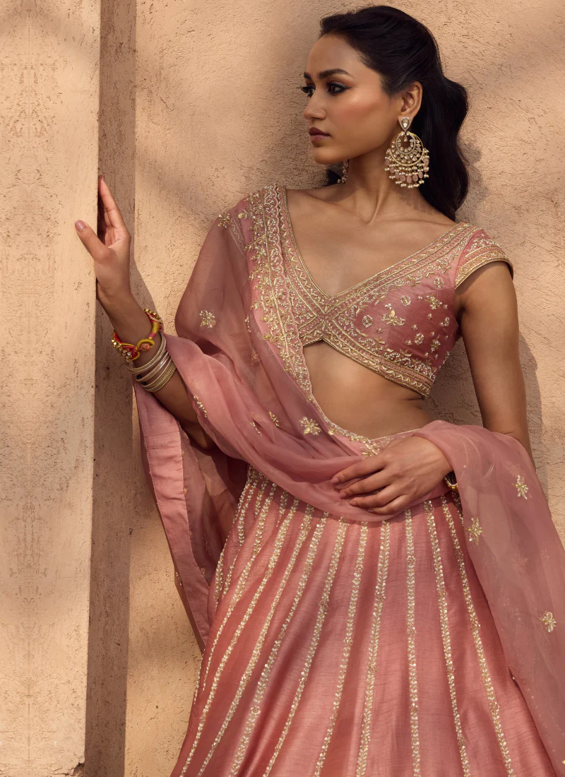 Fancy Silk Zari Embroidery Blush Pink Wedding Wear Heavy Lehenga Choli - Image 3