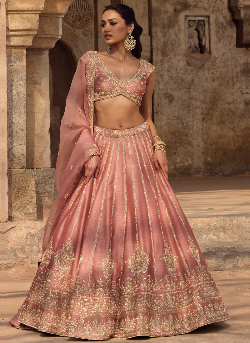 Fancy Silk Zari Embroidery Blush Pink Wedding Wear Heavy Lehenga Choli - Image 4