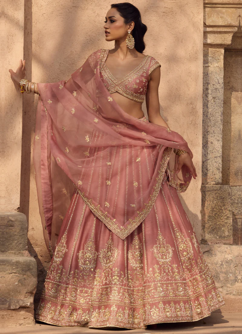 Fancy Silk Zari Embroidery Blush Pink Wedding Wear Heavy Lehenga Choli - Image 5