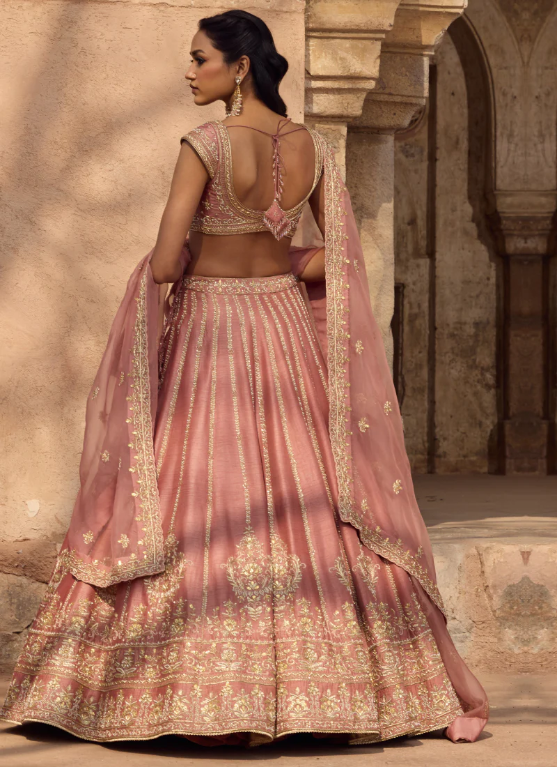 Fancy Silk Zari Embroidery Blush Pink Wedding Wear Heavy Lehenga Choli - Image 7
