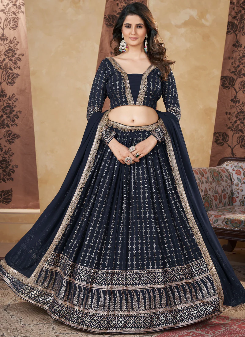 Fantastic Foil Work Georgette Navy Blue Wedding Wear Lehenga Choli
