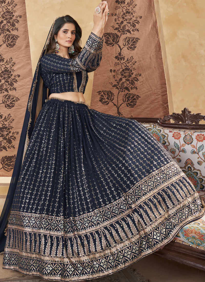Fantastic Foil Work Georgette Navy Blue Wedding Wear Lehenga Choli - Image 2