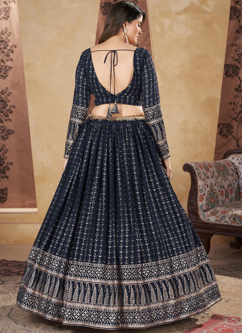 Fantastic Foil Work Georgette Navy Blue Wedding Wear Lehenga Choli - Image 3