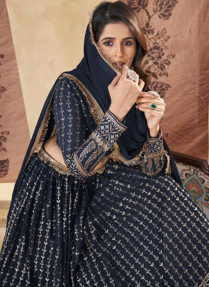 Fantastic Foil Work Georgette Navy Blue Wedding Wear Lehenga Choli - Image 4