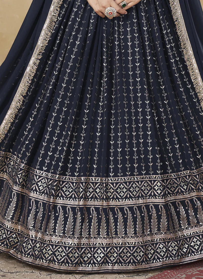 Fantastic Foil Work Georgette Navy Blue Wedding Wear Lehenga Choli - Image 6