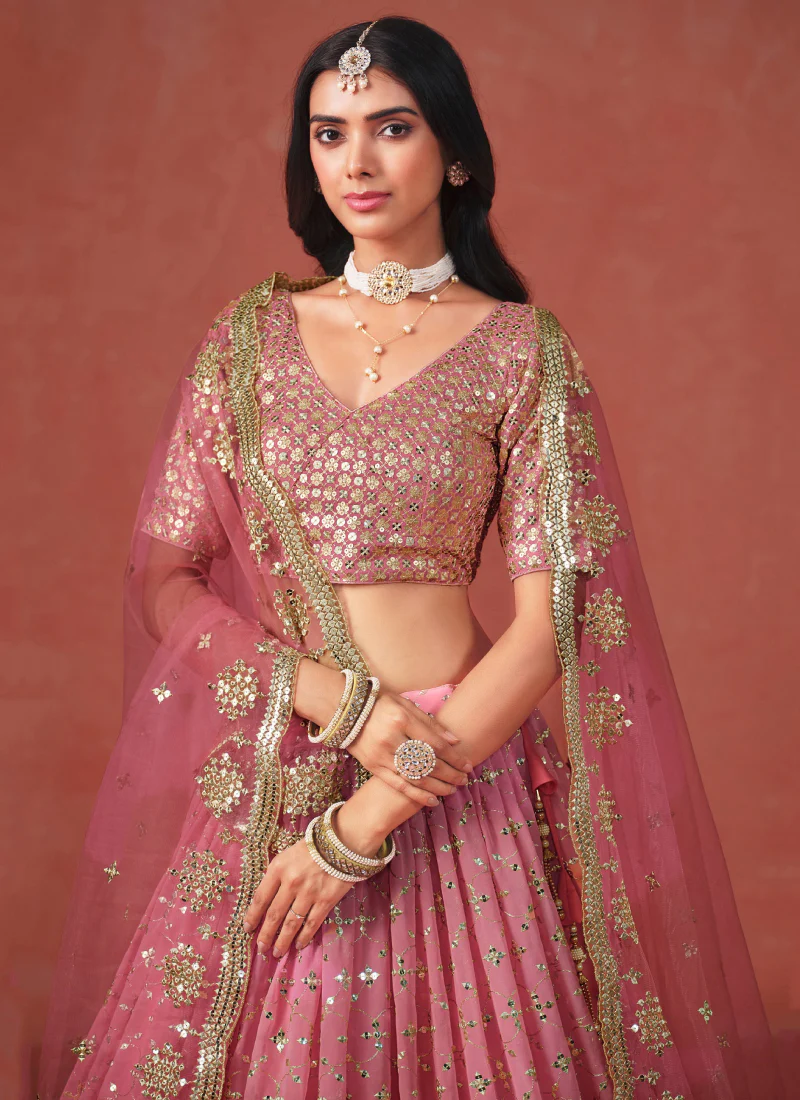 Fantastic Georgette Zari Embroidered Peach Lehenga Choli For Women - Image 2