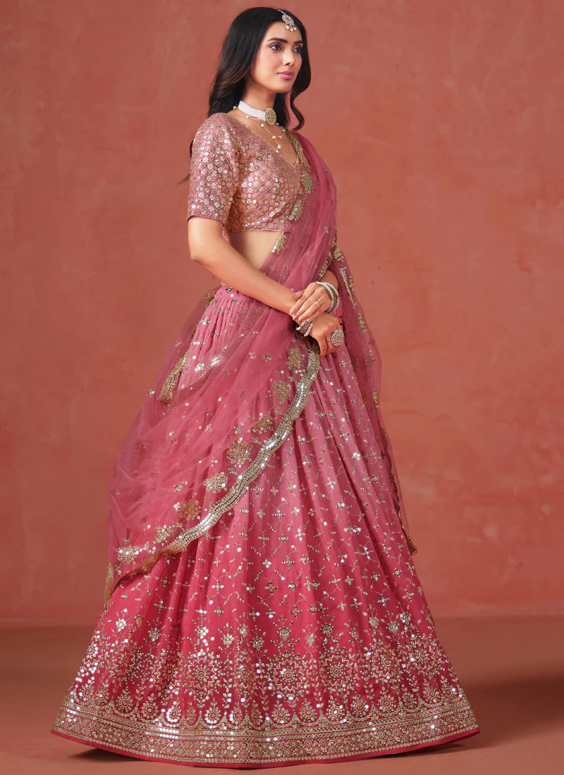 Fantastic Georgette Zari Embroidered Peach Lehenga Choli For Women - Image 3