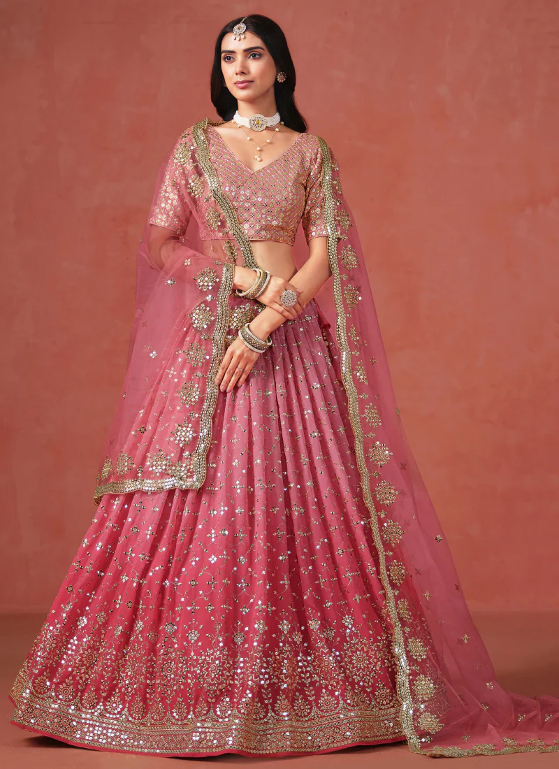 Fantastic Georgette Zari Embroidered Peach Lehenga Choli For Women - Image 4
