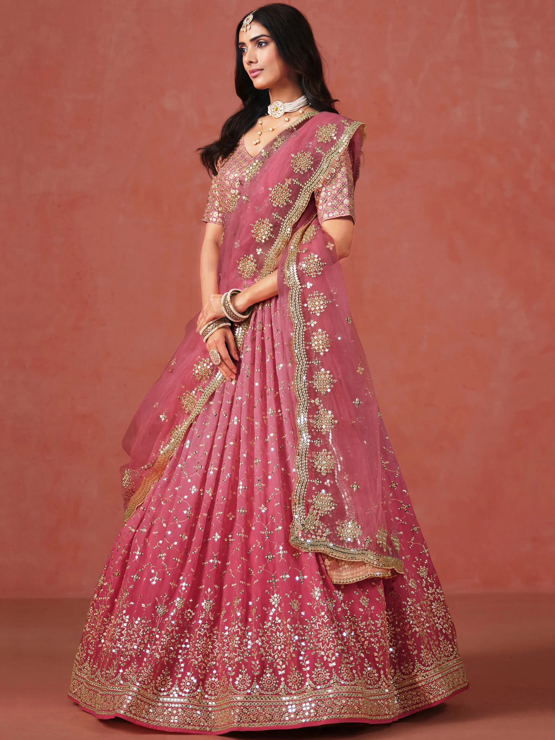 Fantastic Georgette Zari Embroidered Peach Lehenga Choli For Women - Image 5