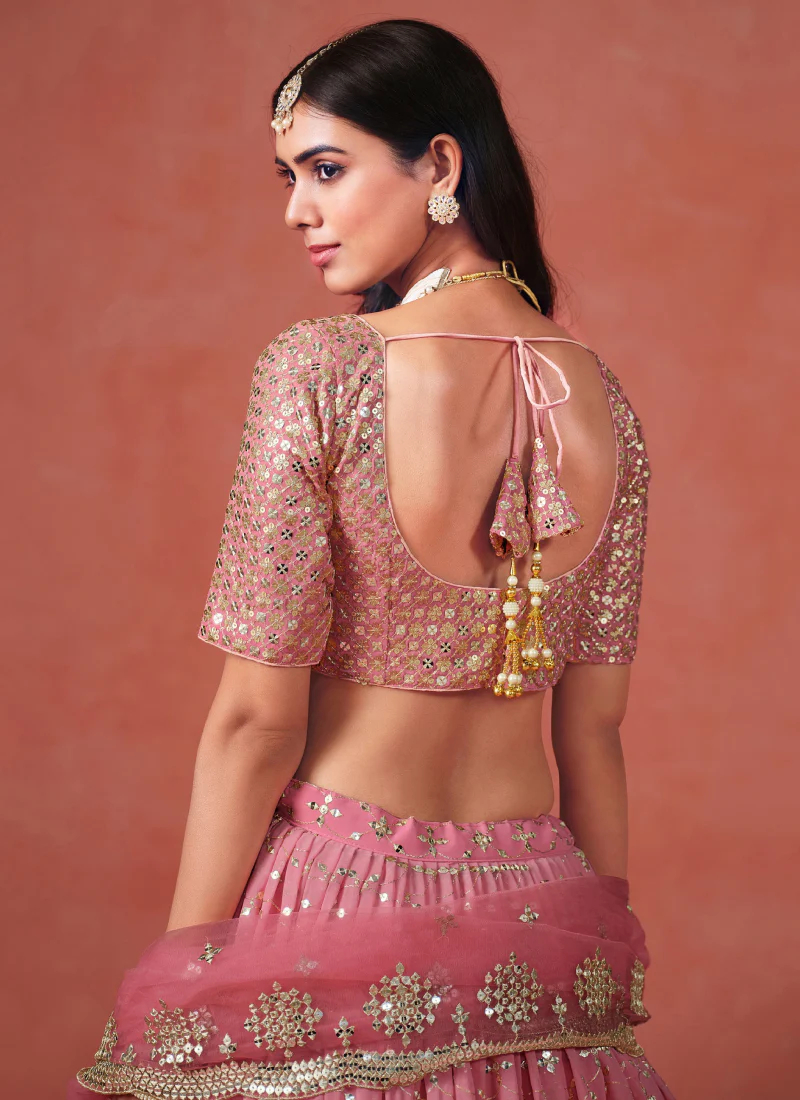 Fantastic Georgette Zari Embroidered Peach Lehenga Choli For Women - Image 7
