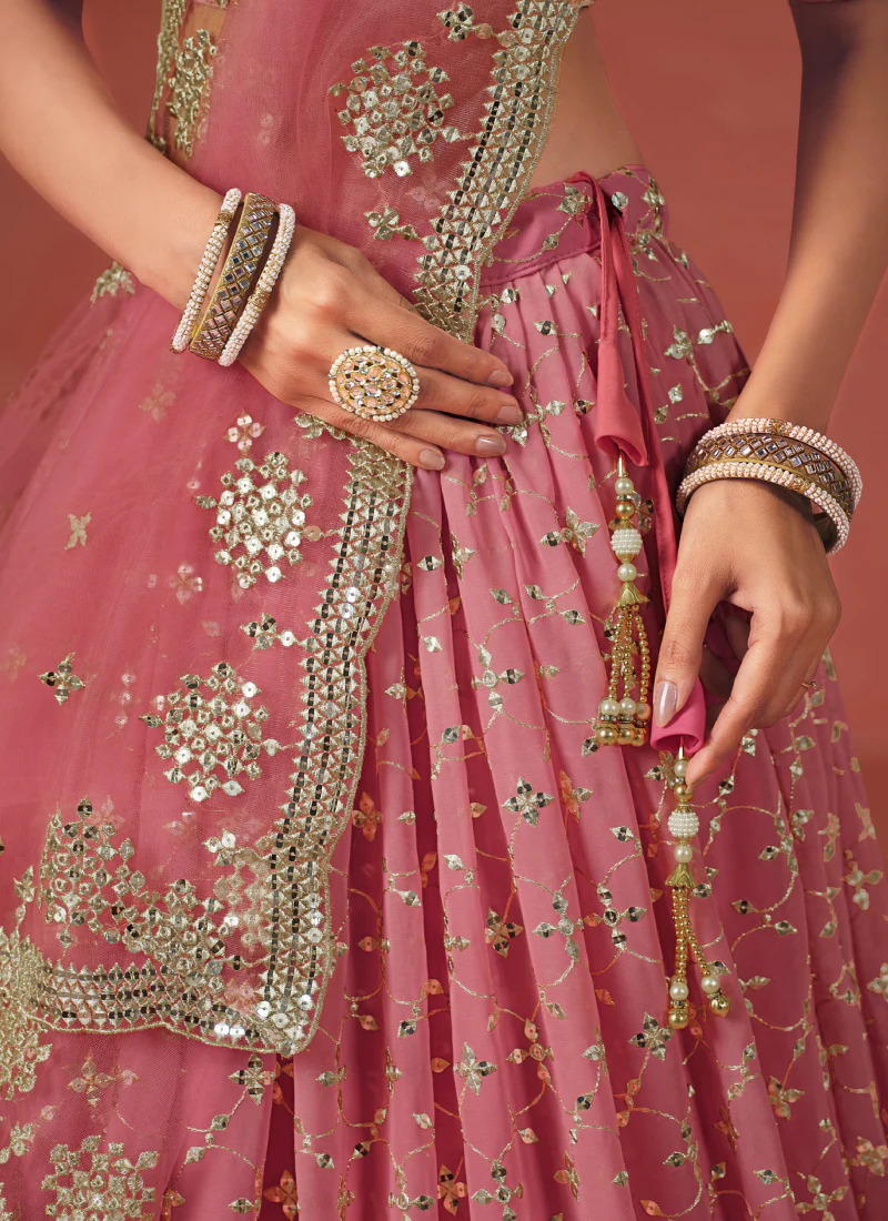 Fantastic Georgette Zari Embroidered Peach Lehenga Choli For Women - Image 8