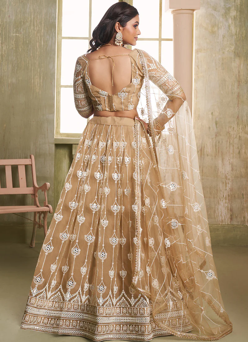 Fascinating Beige Net Thread Embroidered Lehenga Choli With Dupatta - Image 5