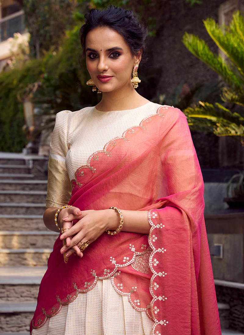 Fascinating Off White Jacquard Chex Zari Weaving Work Lehenga Choli - Image 2