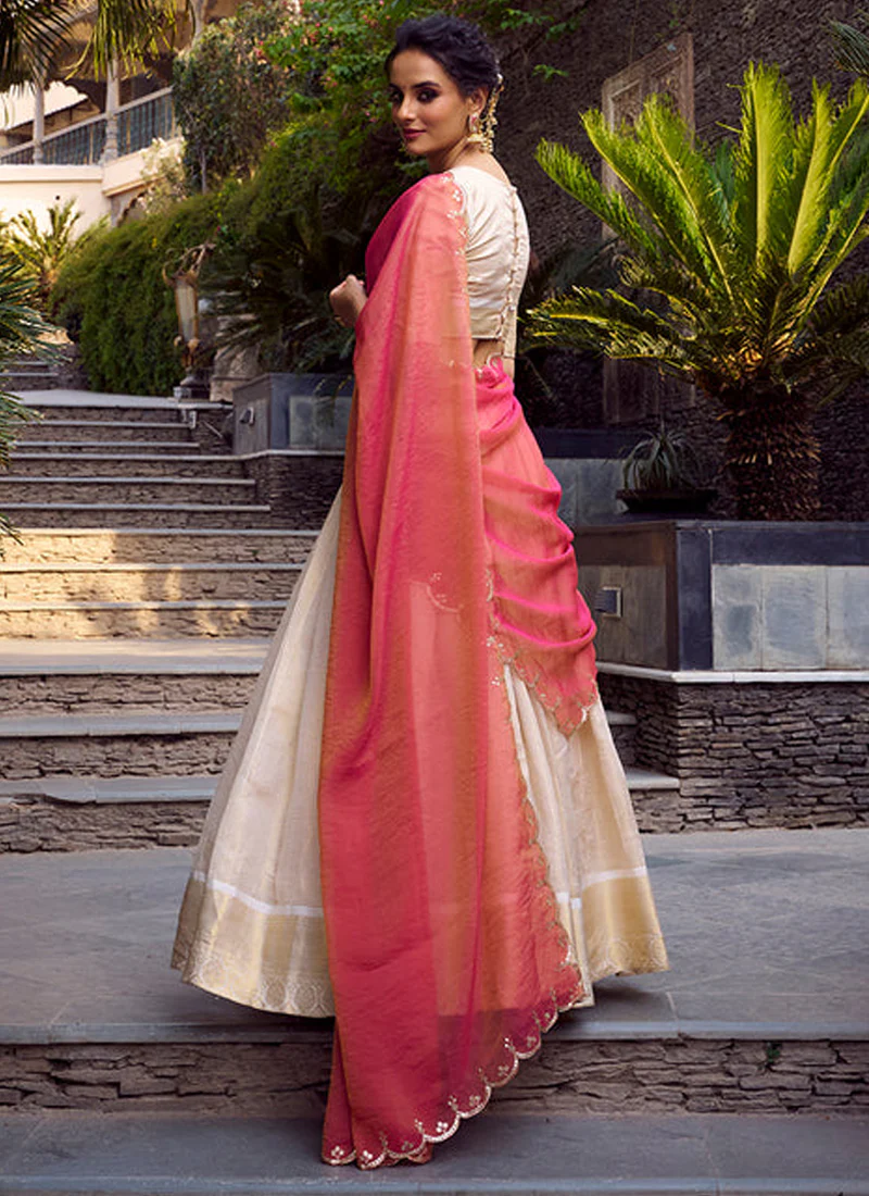 Fascinating Off White Jacquard Chex Zari Weaving Work Lehenga Choli - Image 4