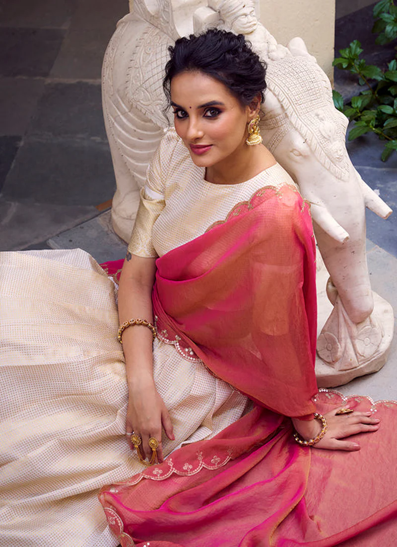 Fascinating Off White Jacquard Chex Zari Weaving Work Lehenga Choli - Image 5