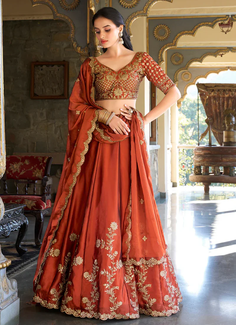 Fascinating Orange Thread Embroidered Silk Lehenga Choli For Wedding - Image 3