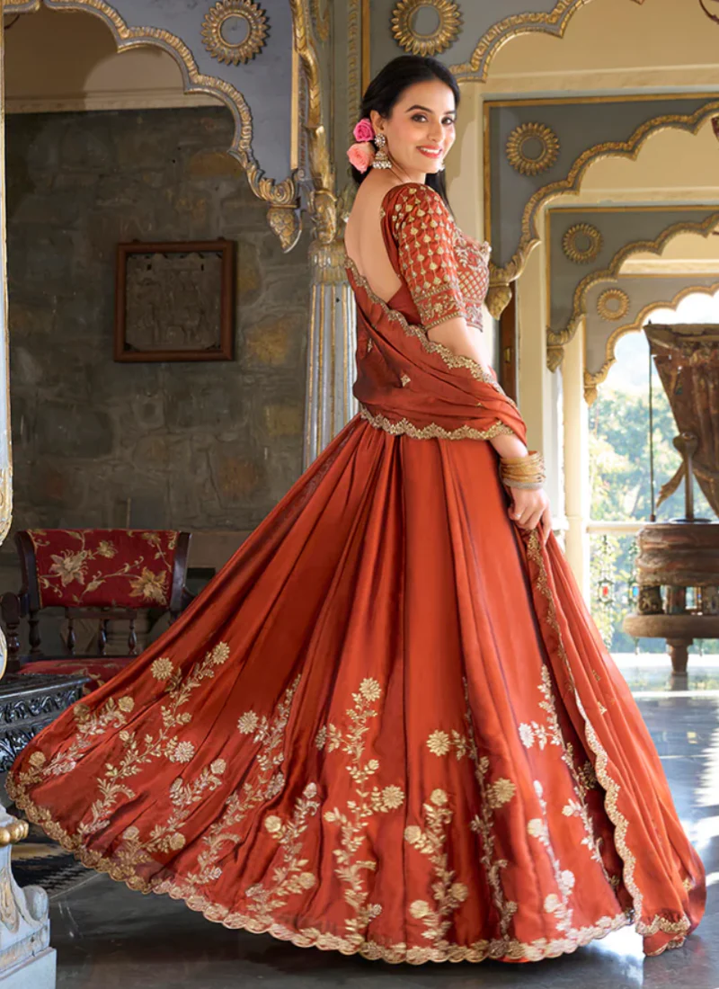 Fascinating Orange Thread Embroidered Silk Lehenga Choli For Wedding - Image 4