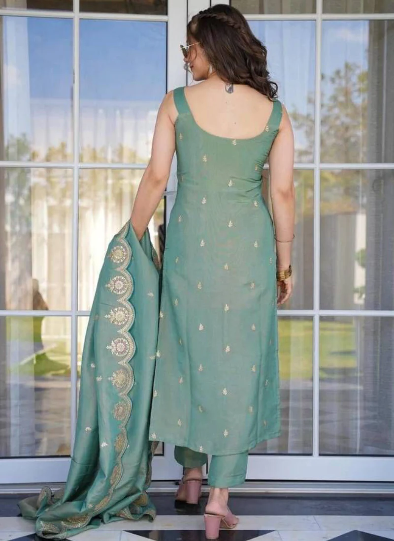 Fascinating Sequence Embroidery Viscose Pista Green Kurti With Pant - Image 5