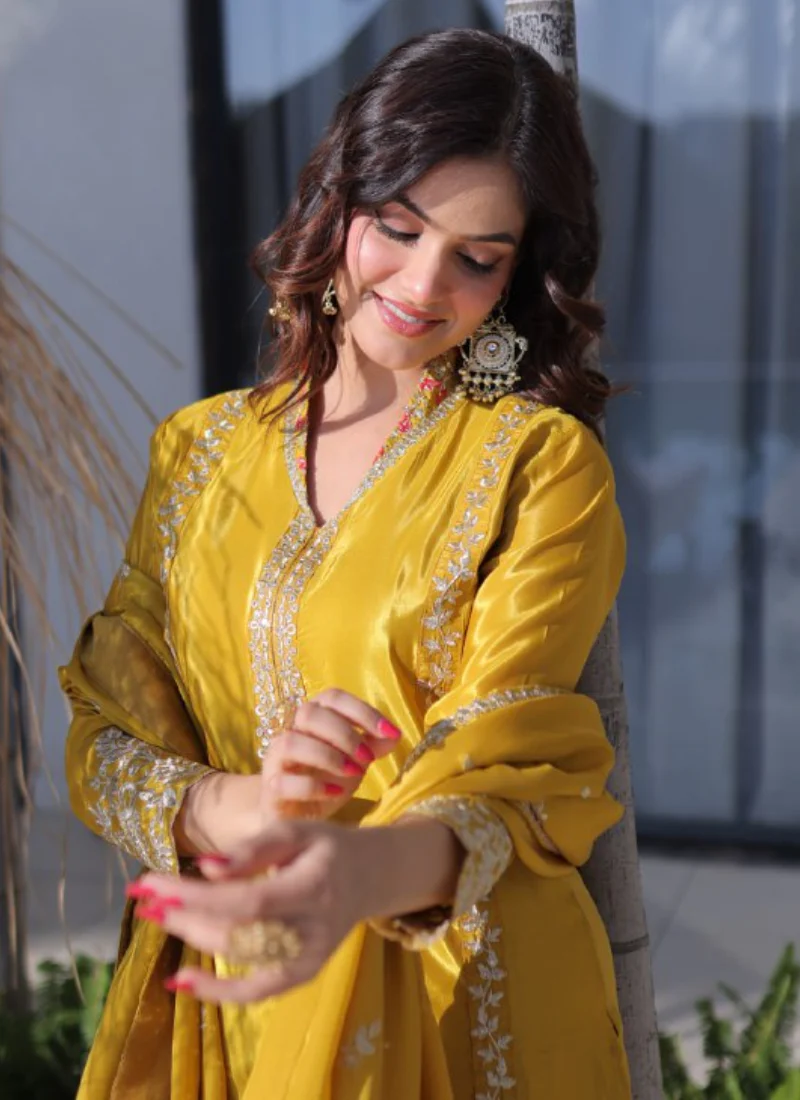 Fascinating Silk Zari Embroidered Haldi Ceremony Yellow Kurti Suit - Image 3
