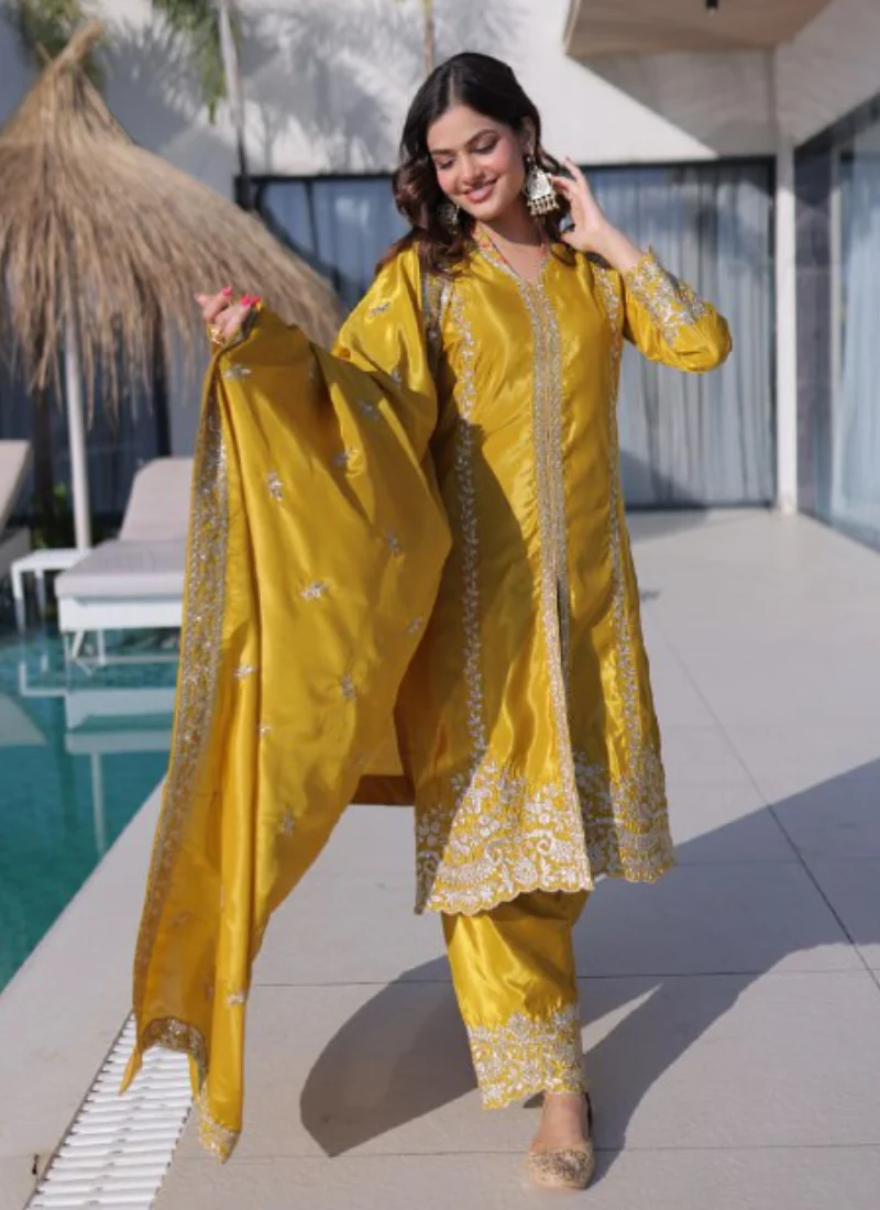 Fascinating Silk Zari Embroidered Haldi Ceremony Yellow Kurti Suit - Image 6