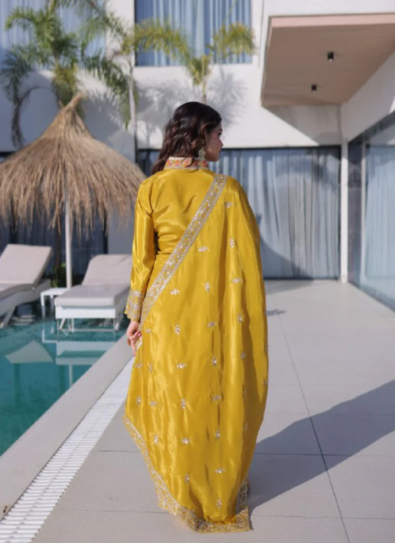 Fascinating Silk Zari Embroidered Haldi Ceremony Yellow Kurti Suit - Image 7