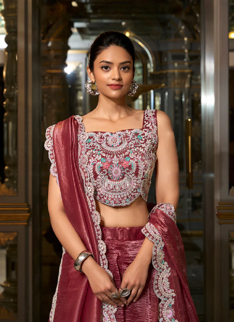 Fascinating Thread Embroidered Choli With Silk Maroon Plain Lehenga - Image 3