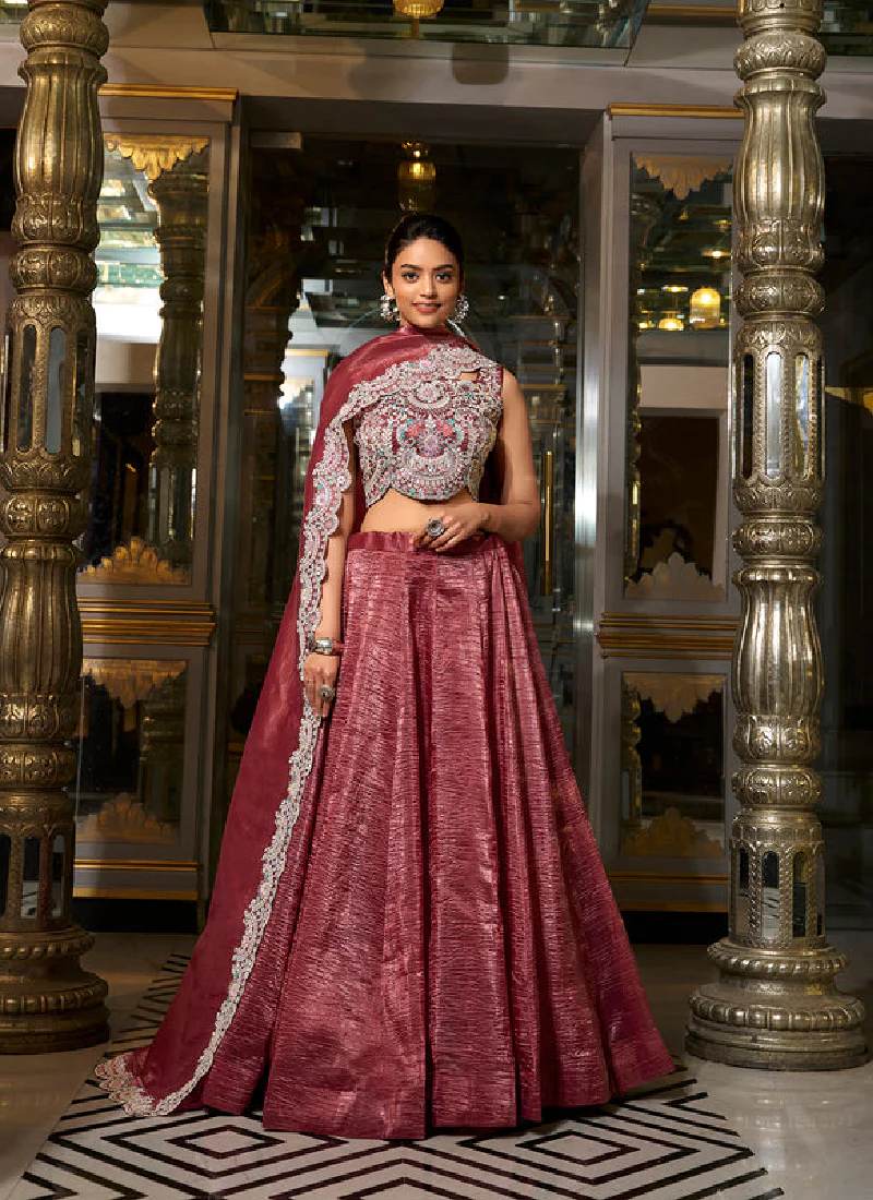 Fascinating Thread Embroidered Choli With Silk Maroon Plain Lehenga - Image 4