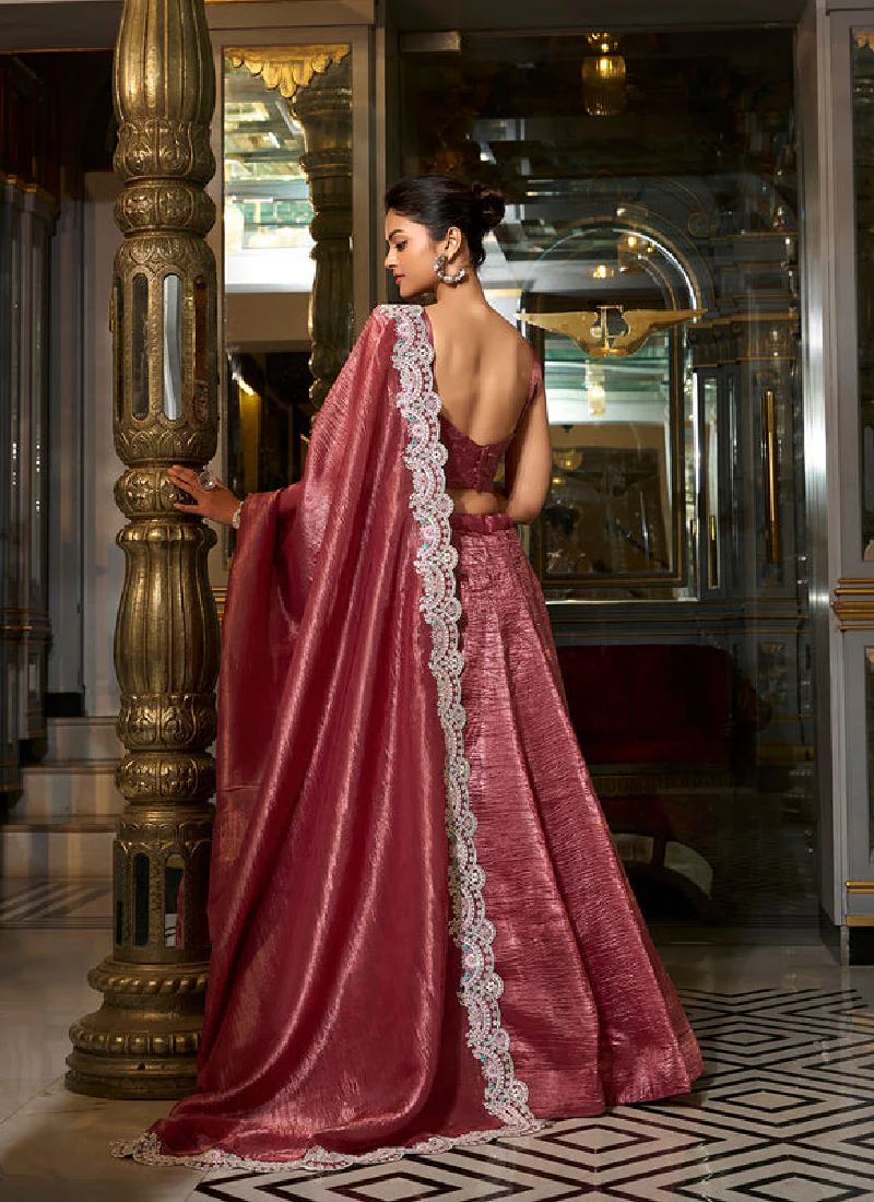 Fascinating Thread Embroidered Choli With Silk Maroon Plain Lehenga - Image 5