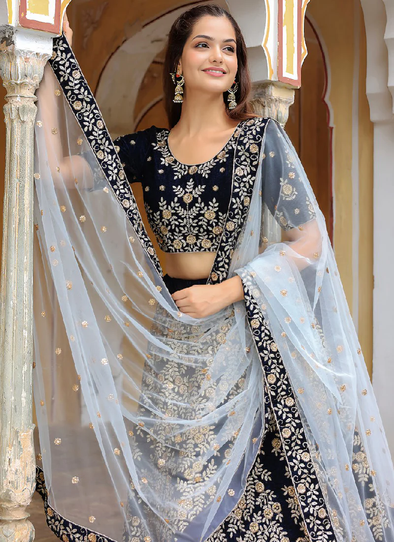 Fascinating Thread Embroidered Navy Blue Velvet Wedding Lehenga Choli - Image 3
