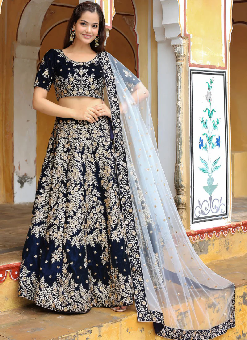 Fascinating Thread Embroidered Navy Blue Velvet Wedding Lehenga Choli - Image 4