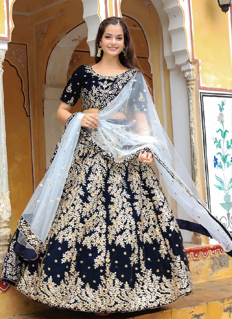 Fascinating Thread Embroidered Navy Blue Velvet Wedding Lehenga Choli - Image 5