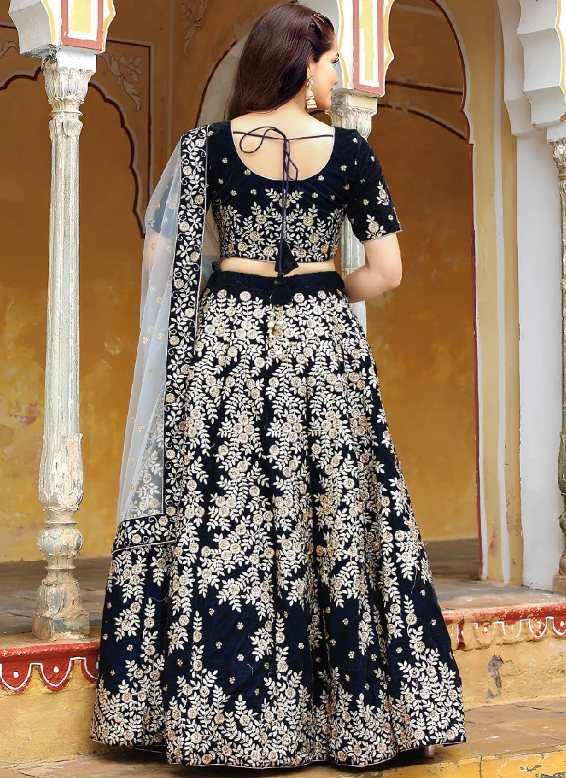 Fascinating Thread Embroidered Navy Blue Velvet Wedding Lehenga Choli - Image 6